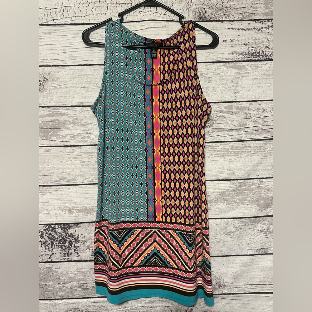 Style & Co Geometric Boho Sleeveless Dress Size L Colorful Aztec Print Shift